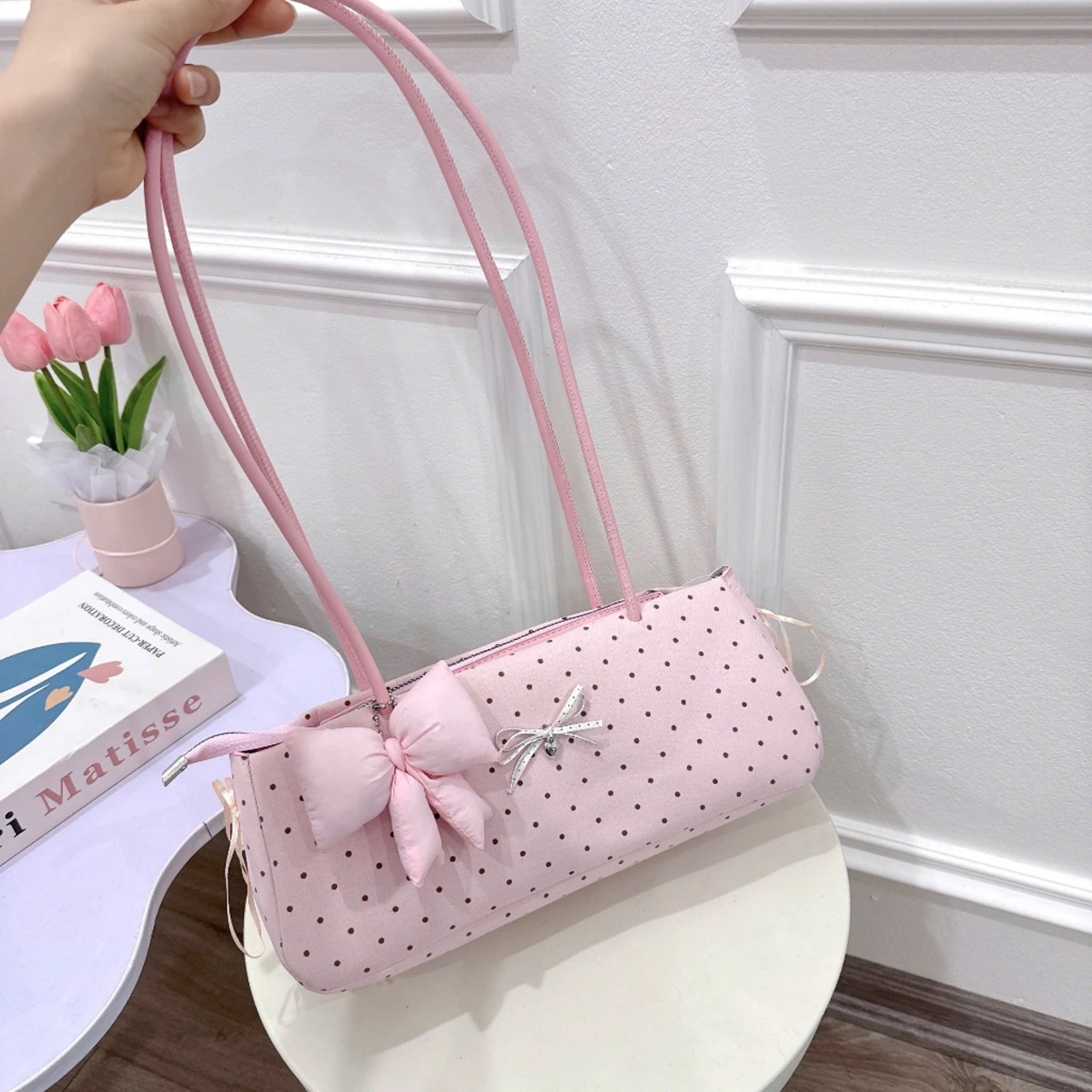(Tặng Charm Nơ) Túi Xách Nữ Cunbag Baguette Chấm Bi Túi Kẹp Nách Coquette Đính Nơ Vải CUN698